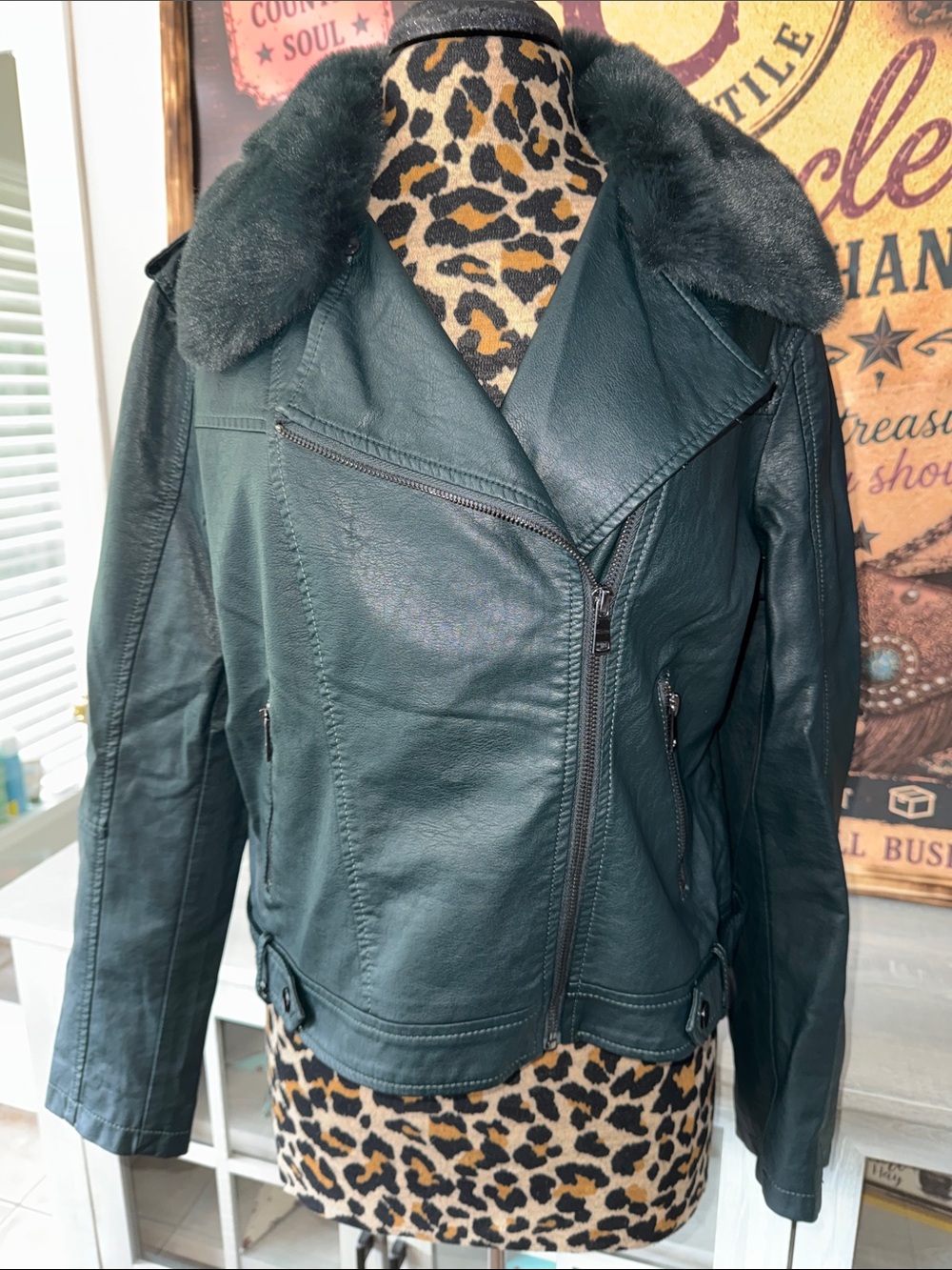 NWT LA Coalition Deep Green Faux Leather Jacket w/Faux Fur Collar - Sz XL